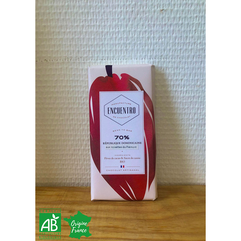 Tablette République Dominicaine 70% au noisettes du Piémont Bio Chocolat Encuentro